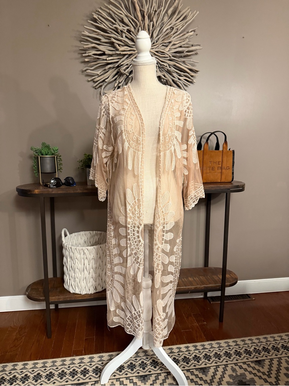 Rebellion boho sheer lace kimono duster taupe color featuring white embroidery‎